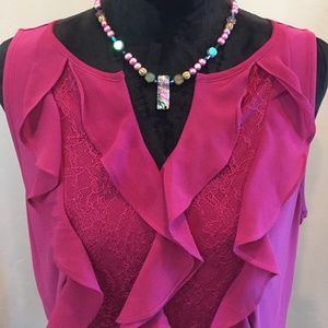 Cranberry Ruffle/Lacy Sleeveless Blouse